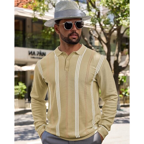 Men's Knit Polo Sweater Long Sleeve Striped Thermal Button Collar Sweater Khaki - Picture 5 of 7